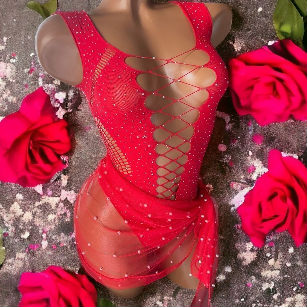 Feels Good On! l Rhinestone Embellished Bodysuit & Pearl Endowed Sarong l New